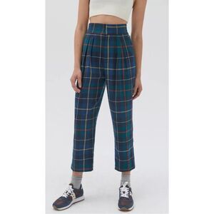 UO Paige Pleated Cropped Straight Leg Plaid Pants